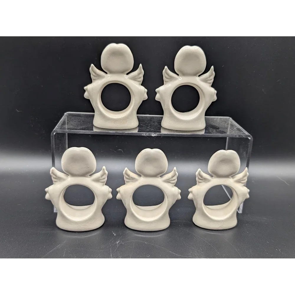 5 Set Vintage Hand Painted Ceramic Angel Napkin Ring Holder Glossy Christmas 80s